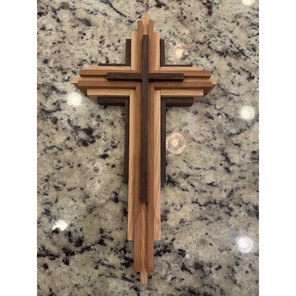 Wooden Wall Cross 3D Black Walnut And Oak Beautiful Hand Crafted By Tex Green